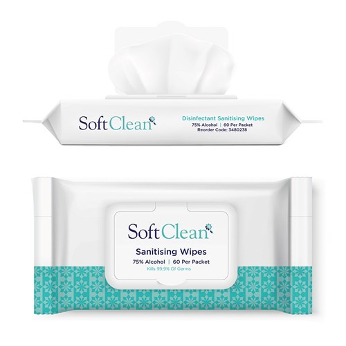 Soft Clean Sanitising 60 Wipes Packets 200x150mm